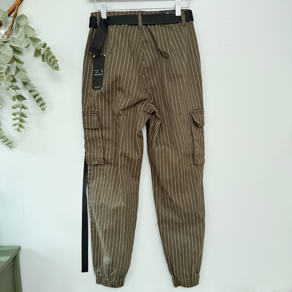 American Bazi Pinstripe Cargo Joggers Gorpcore Green Utility Techwear Belted - Picture 2 of 10